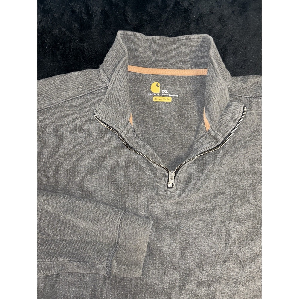 Carhartt Mens 2XL Gray Relaxed Fit Quarter Zip Pullover Sweatshirt Elbow Patch